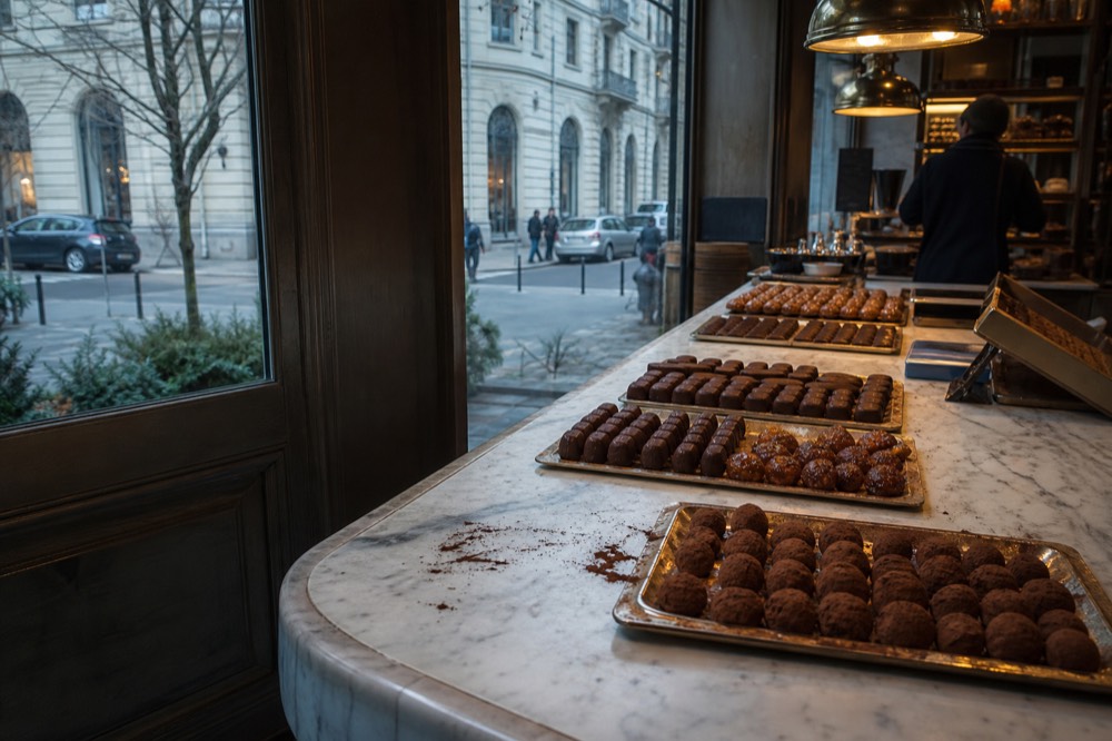 Rows of dark pralines and candied chestnut sweets on the marble counter of a Milan chocolate workshop