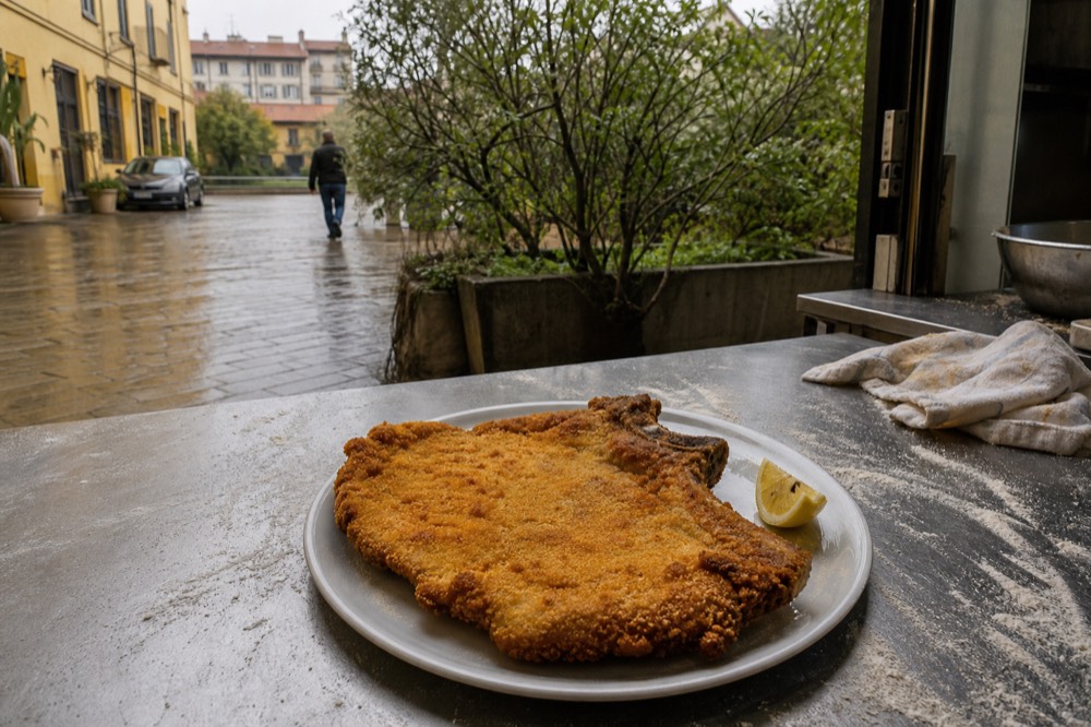 A thick breaded veal cutlet with the rib bone visible, golden crust, lemon wedge on the side