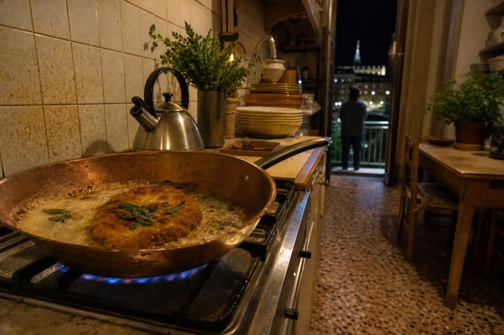 A pan-fried breaded cutlet in a copper pan with foaming butter and fresh herbs