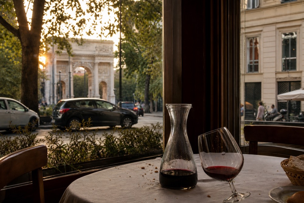 A simple table setting with a carafe of red wine and a paper menu