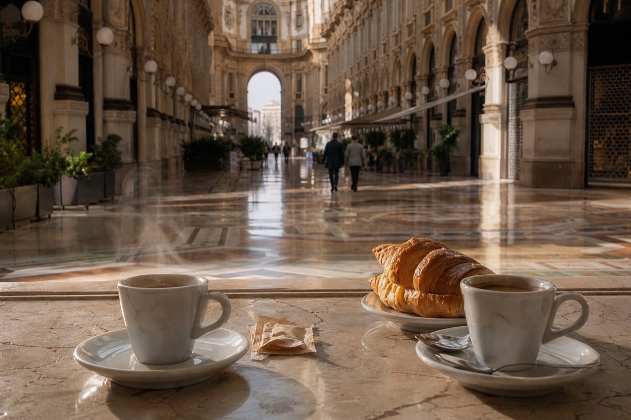 Espresso cups and a cornetto on a marble cafe counter in Milan