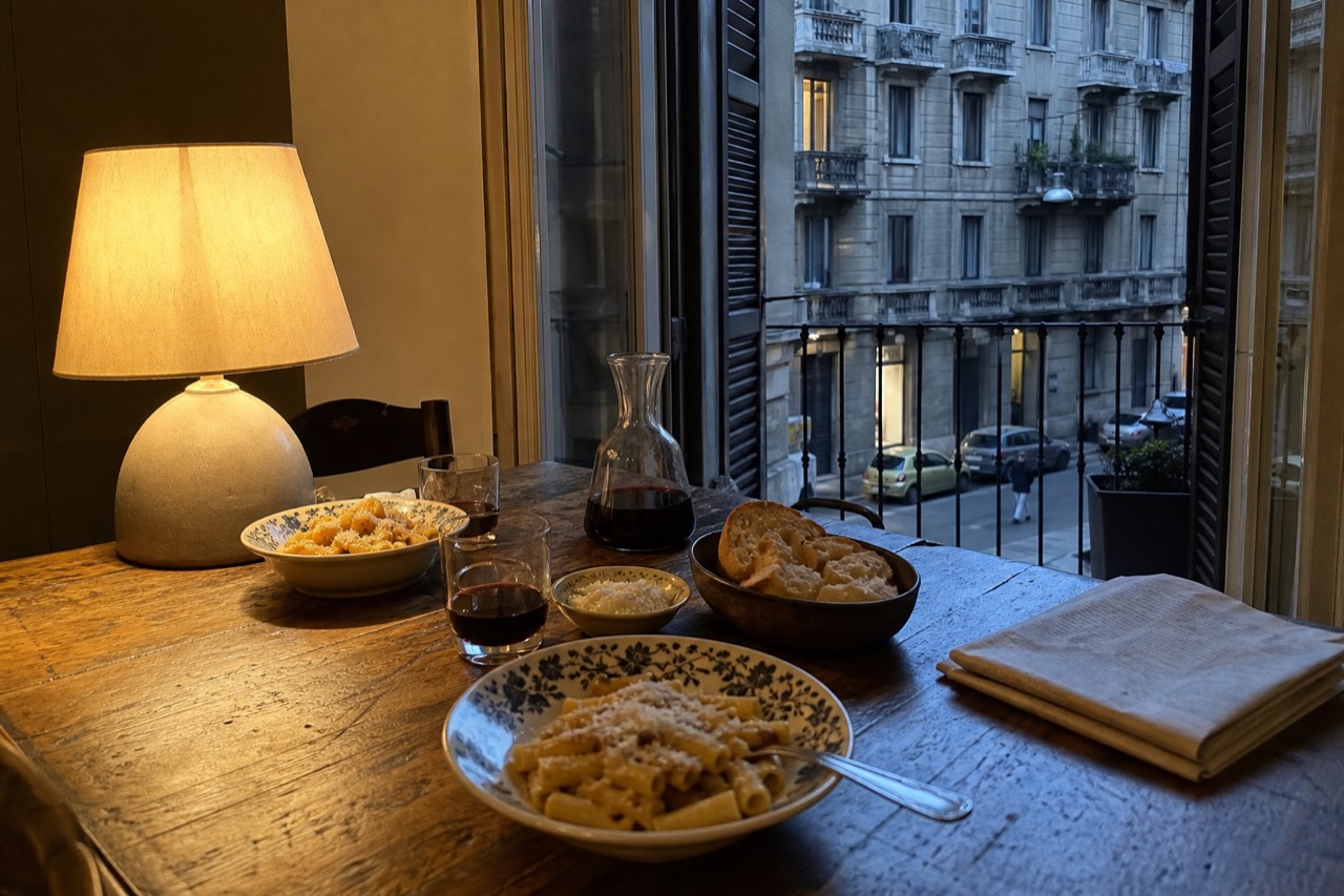 A home dining table in a Milanese apartment, laid with pasta plates, bread and a glass of red wine under evening lamplight