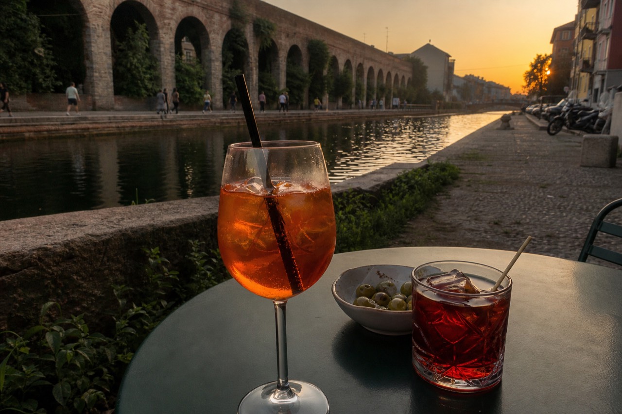 A bright orange spritz and Campari-based aperitivo drinks on a canal-side table in Milan