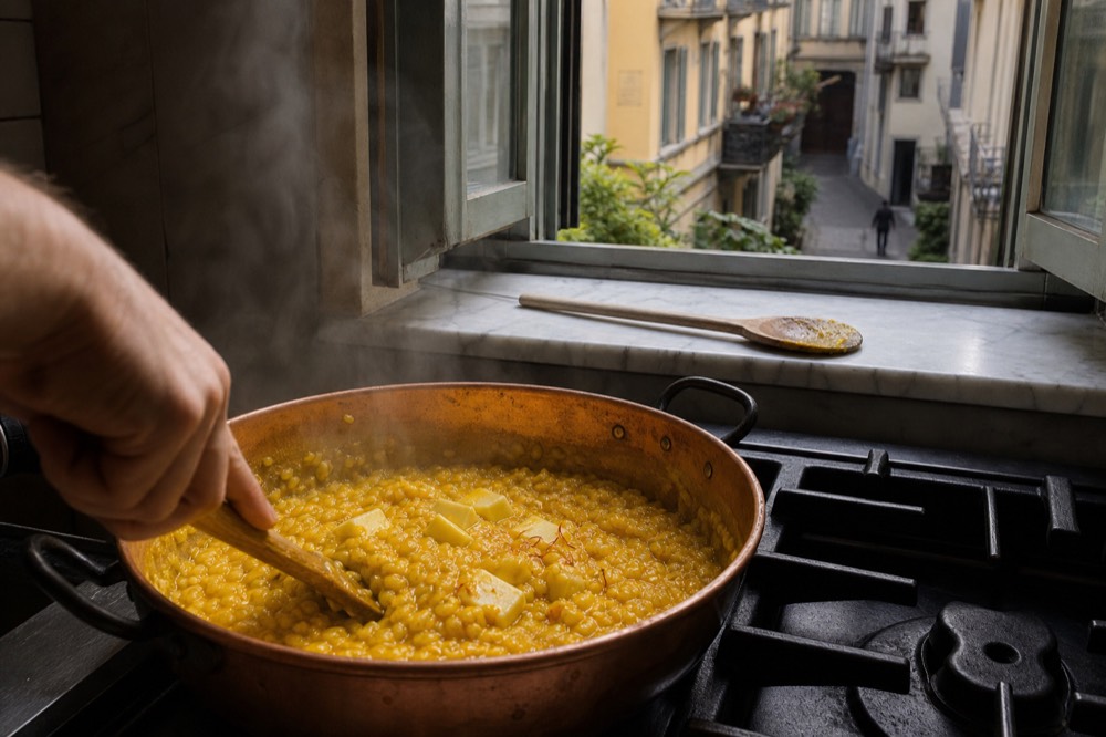 A close view of saffron risotto being finished with butter in a copper pan