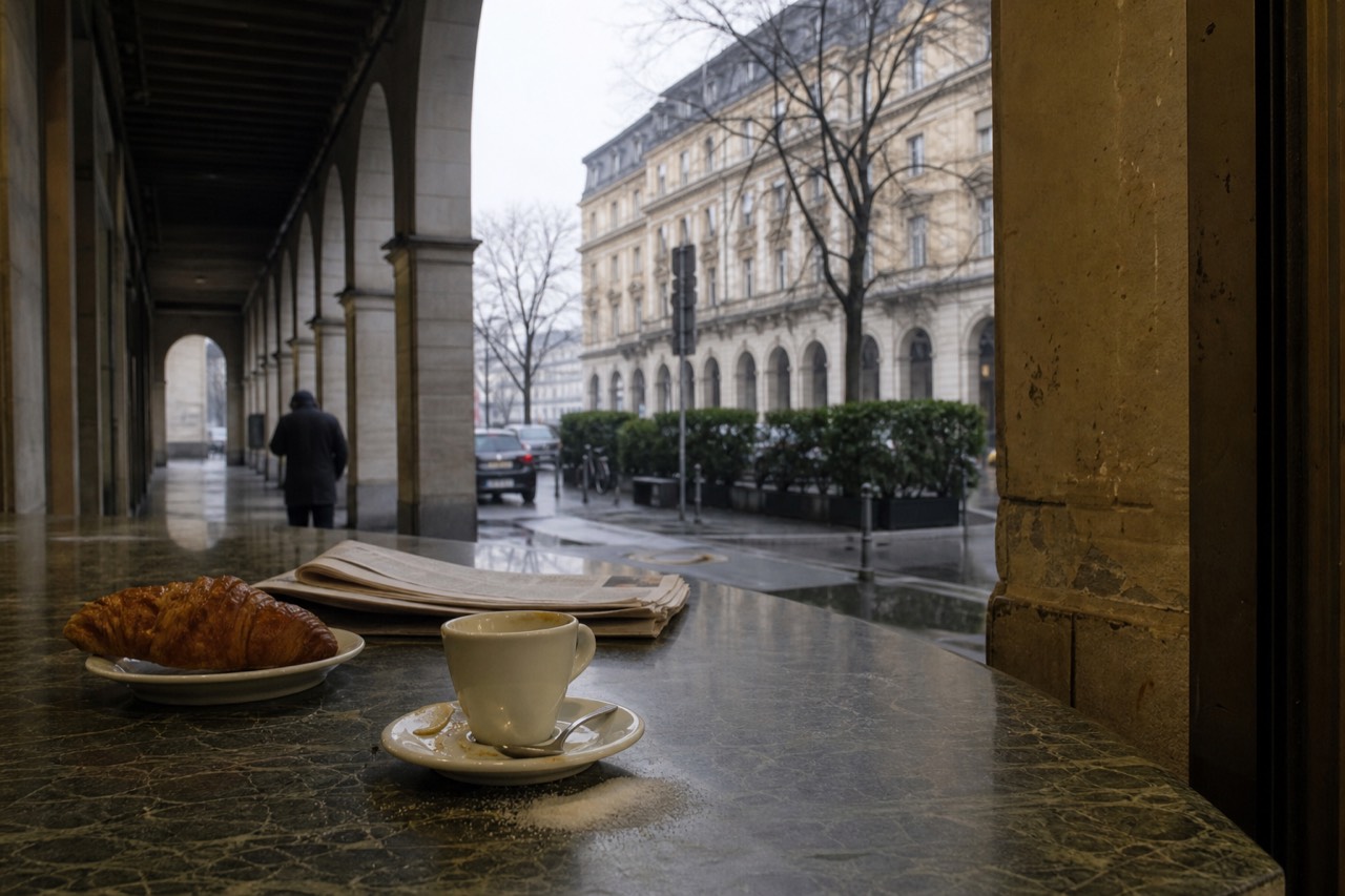 A marble bar counter with an espresso cup, a small plate holding a cornetto, and a folded newspaper