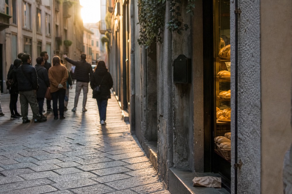 A guided group standing at a food stall in a Milan street with a guide gesturing toward a display of breads