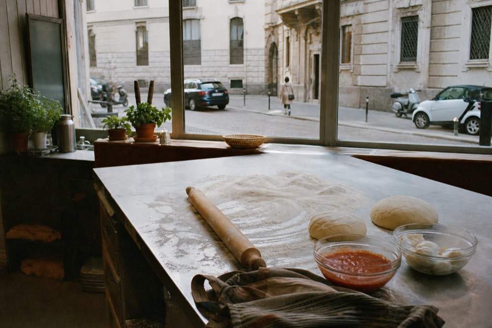 A home kitchen counter topped with flour, a rolling pin and bowls of tomato and mozzarella