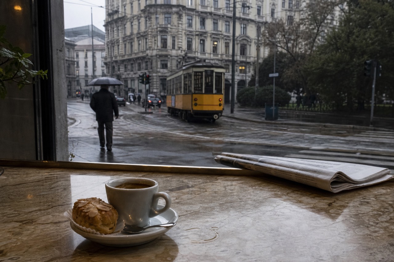 A marble café counter in Milan with an espresso cup and a small pastry on a saucer
