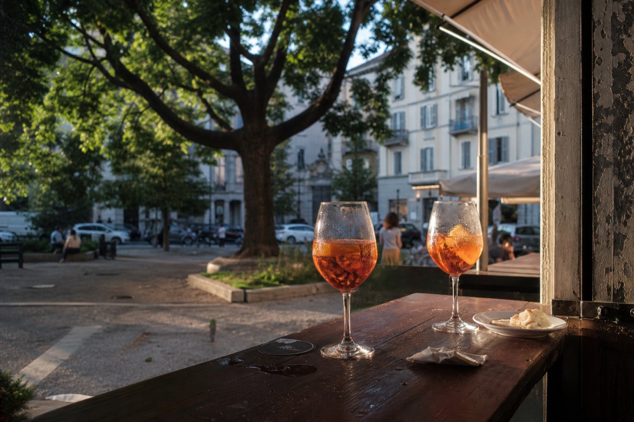 Glasses of spritz and small plates on a wooden bar counter in early evening light