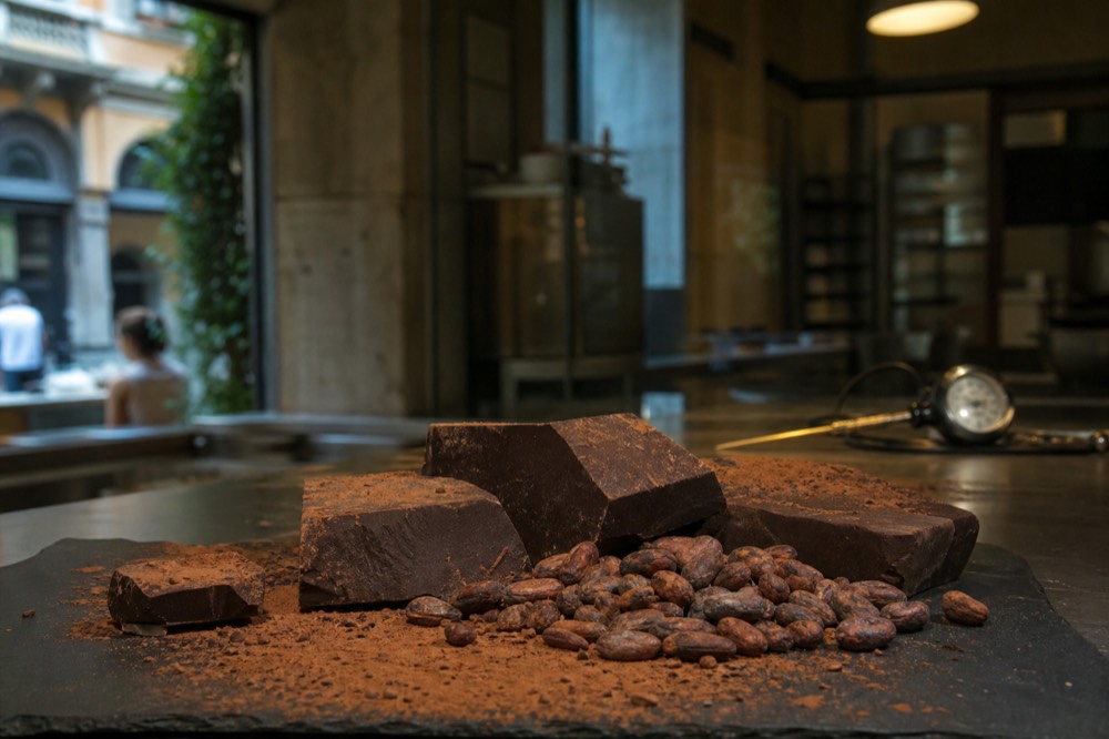 Dark chocolate pieces and cocoa beans arranged on a slate surface