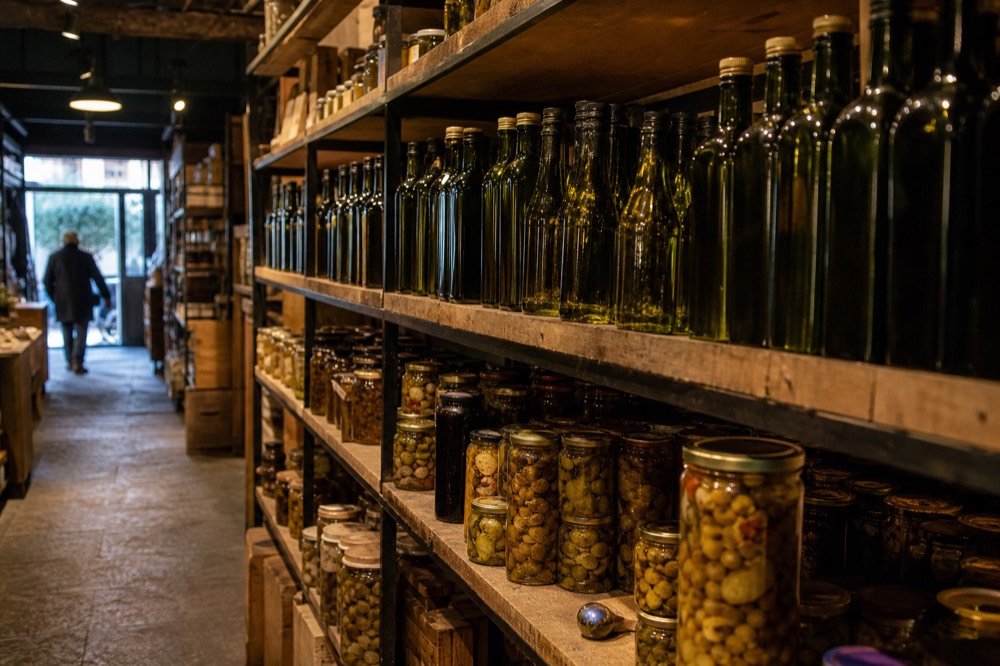 Shelves of olive oil bottles and jars of preserves arranged in rows inside a food market