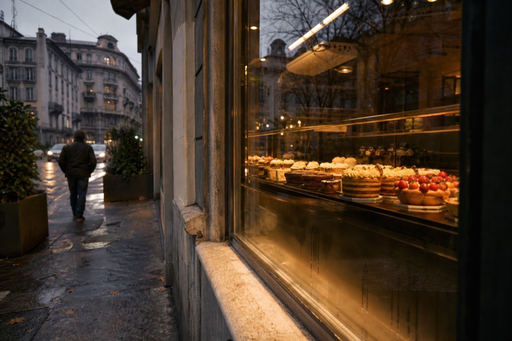 A display of fresh pastries and cakes in a patisserie window