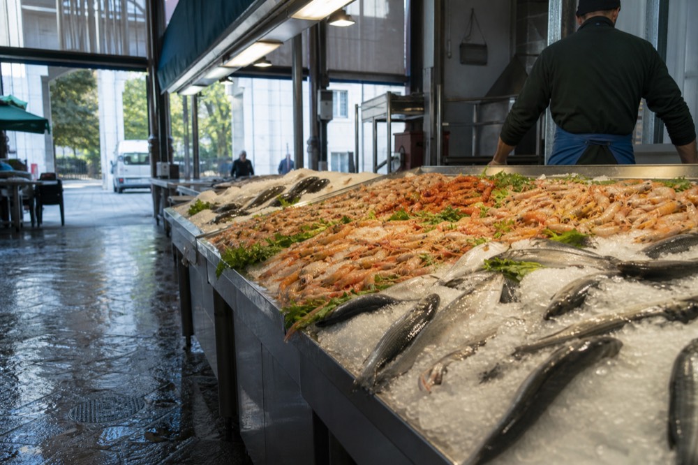 A fish counter with ice and fresh seafood inside a covered market