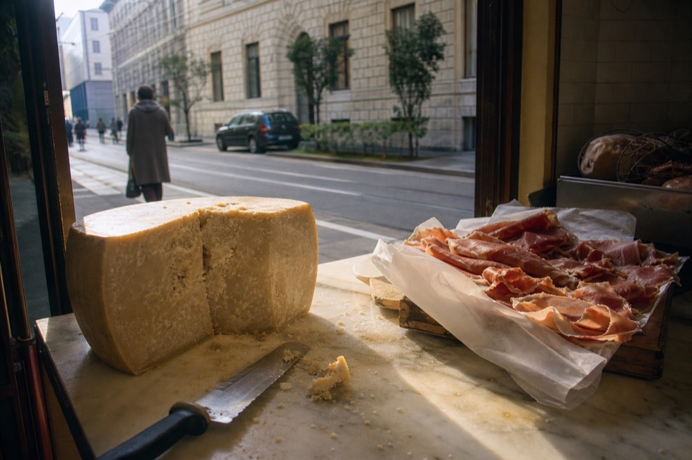 A wheel of cheese and cured meats on a delicatessen counter