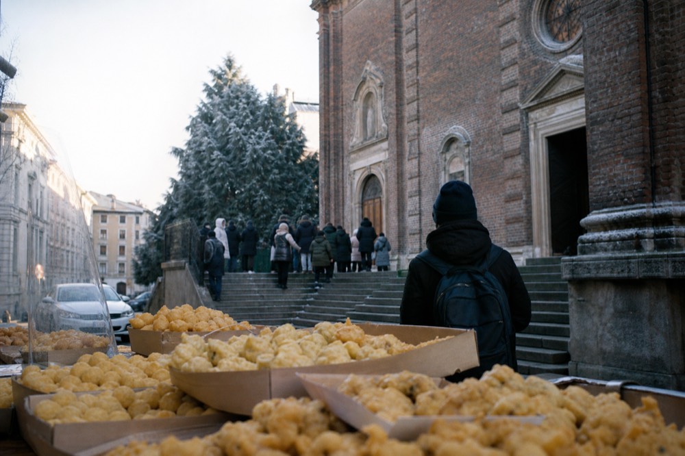 Fried street food snacks in paper trays on a market counter in Milan
