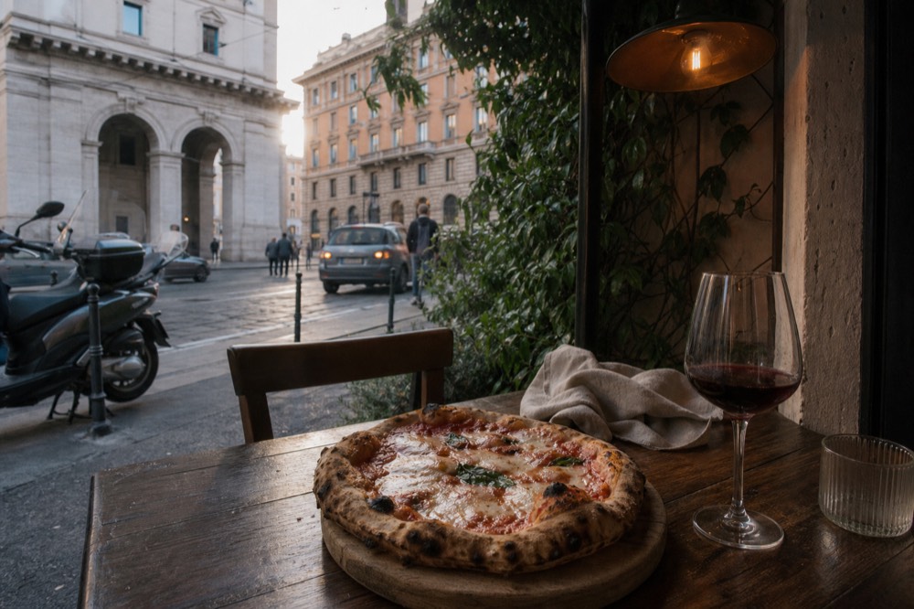A round pizza with an airy charred rim served on a wooden board at a restaurant table