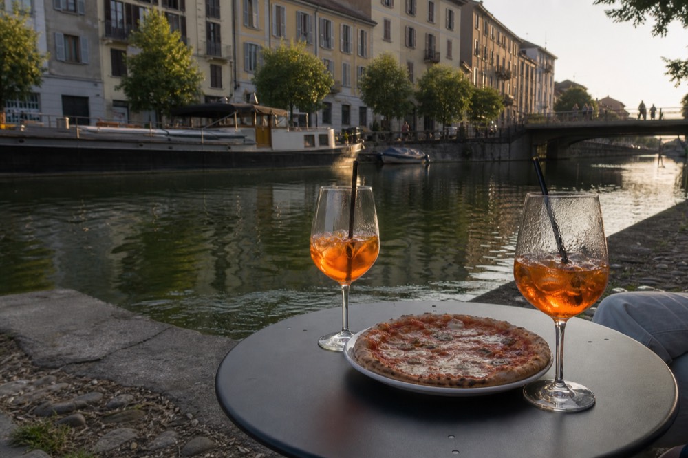 Two glasses of spritz and a pizza on an outdoor table beside a Milan canal