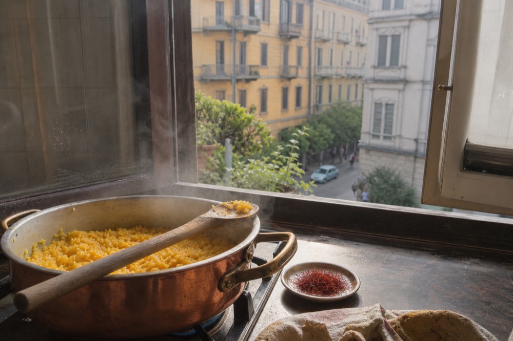 Saffron threads in a small dish beside a pot of golden rice