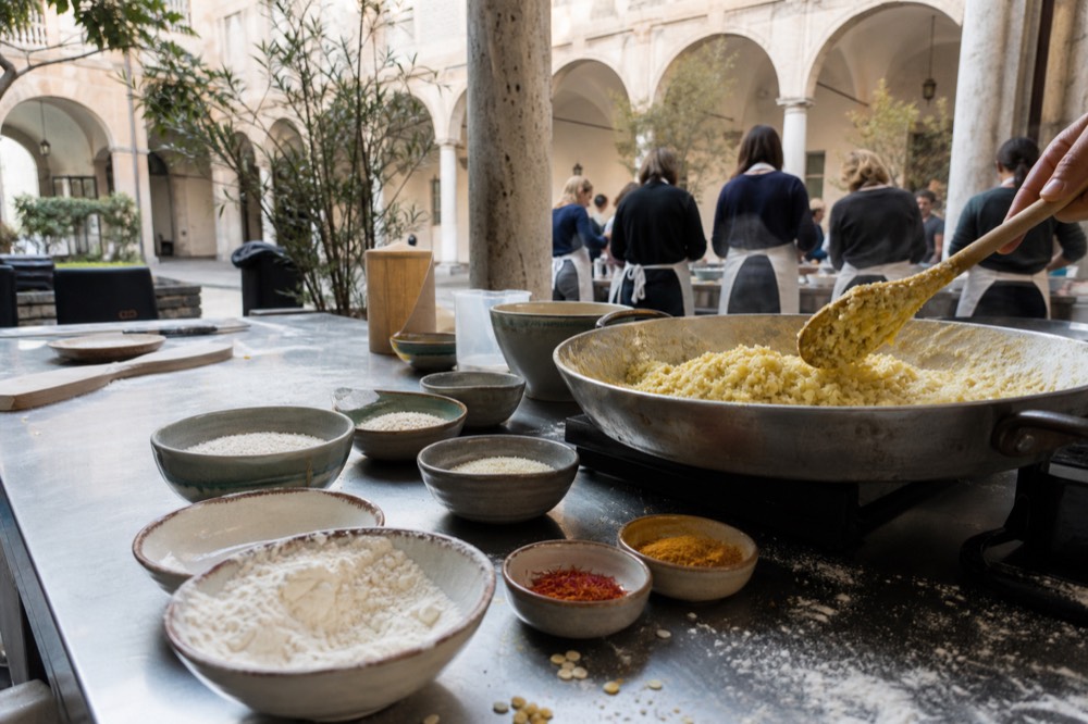 A cooking class counter with ingredients and a pan of rice being stirred