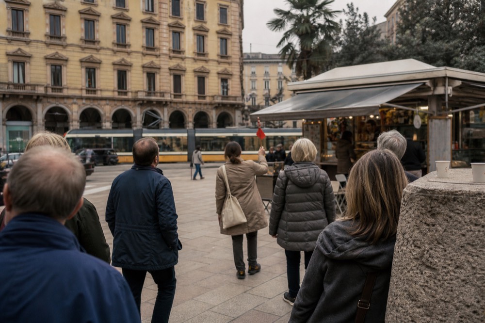 A guide leading a small group past a food stall with plates of bite-sized dishes