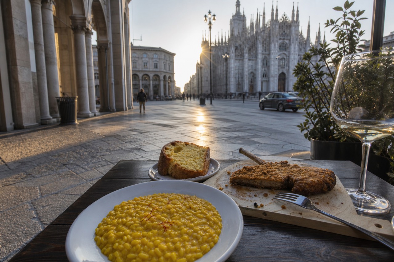 A table with plates of risotto, veal chop, and panettone arranged on a dark wooden surface