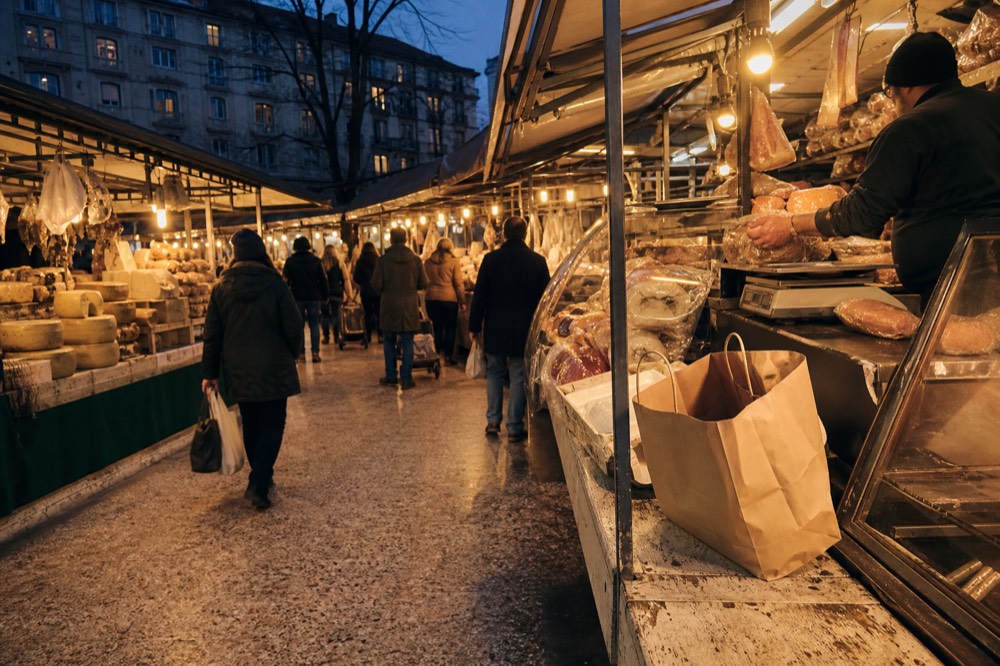 A busy Milanese market street with food stalls and shoppers in the evening